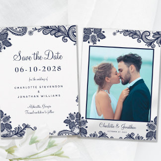Elegant Lace Wedding Verloving Foto Blue White Save The Date