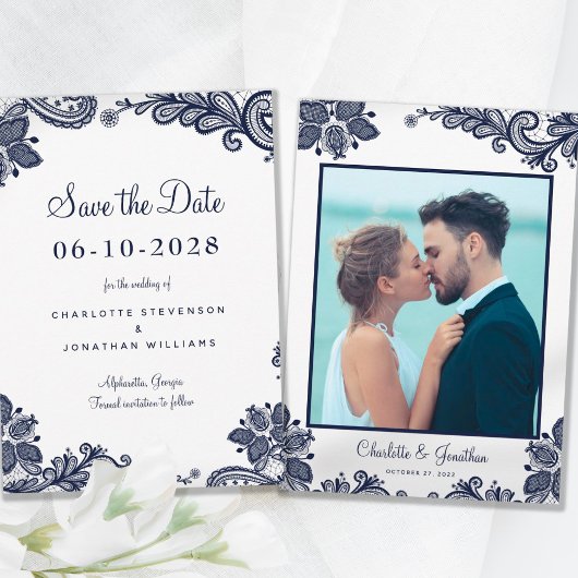 Elegant Lace Wedding Verloving Foto Blue White Save The Date