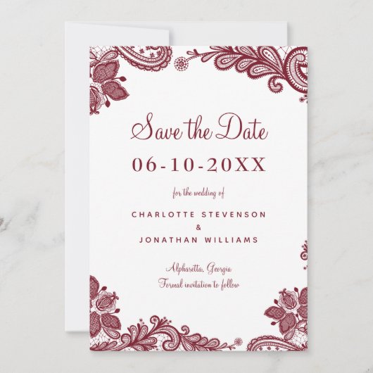 Elegant Lace Wedding Verloving Foto Rood White Save The Date (Voorkant)