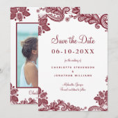 Elegant Lace Wedding Verloving Foto Rood White Save The Date (Voorkant / Achterkant)