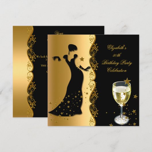 Elegant Lady 50th Birthday Party Gold Black Wine Kaart (Voorkant / Achterkant)