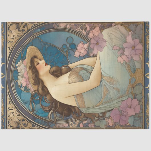  Elegant Lady Art Nouveau Blue Ephemera Tissuepapier (Voorkant)