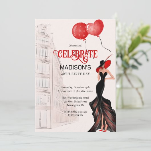 Elegant Lady en Balloons Birthday Kaart (Staand voorkant)