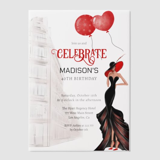 Elegant Lady en Balloons Birthday Vellum Uitnodigingen (Voorkant)