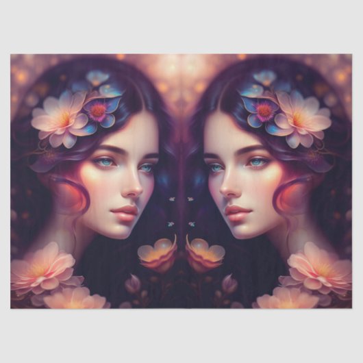 Elegant Lady Oranje Roze Blauwe Bloemen Ontkoppele Tissuepapier (Voorkant)