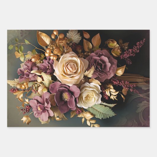 Elegant Lady Portret, Bloemen en Demask papier Inpakpapier Vel (Voorkant 2)