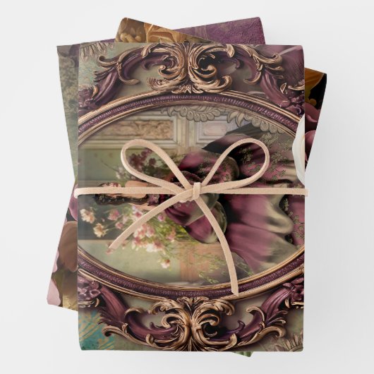 Elegant Lady Portret, Bloemen en Demask papier Inpakpapier Vel (In situ)