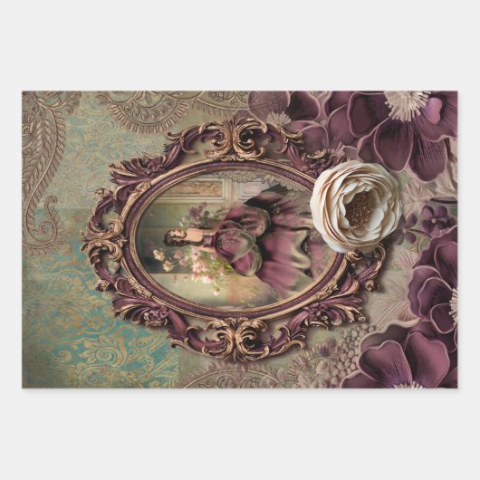 Elegant Lady Portret, Bloemen en Demask papier Inpakpapier Vel (Voorkant)