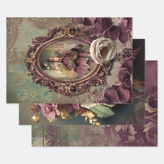 Elegant Lady Portret, Bloemen en Demask papier Inpakpapier Vel (Set)