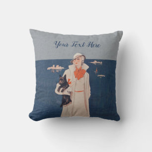 Elegant Lady White Suit Holding Scotty Dog Ocean Buitenkussen