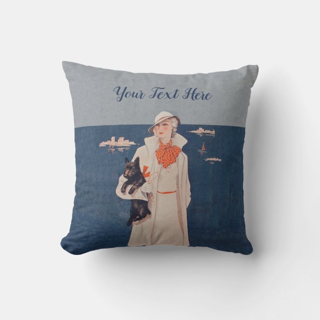 Elegant Lady White Suit Holding Scotty Dog Ocean Buitenkussen (Voorkant)