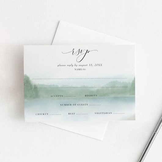 Elegant Lake and Trees Soft Waterverf Wedding RS RSVP Kaartje
