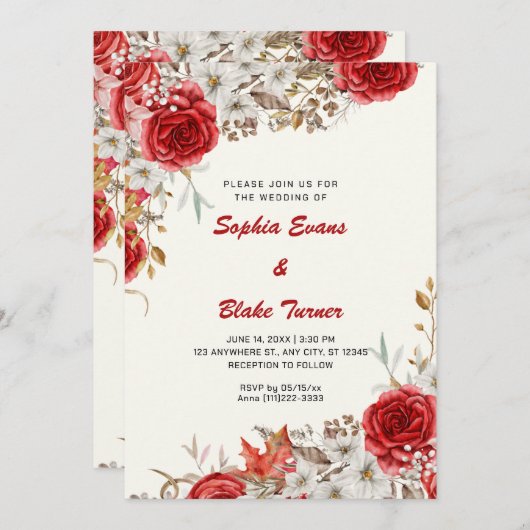 Elegant land rode rozen Herfst wit crème bruiloft Kaart (Voorkant / Achterkant)