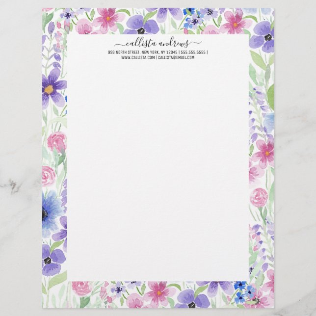 Elegant land roze Paarse blauwe Waterverf ventilat Briefhoofd (Voorkant)