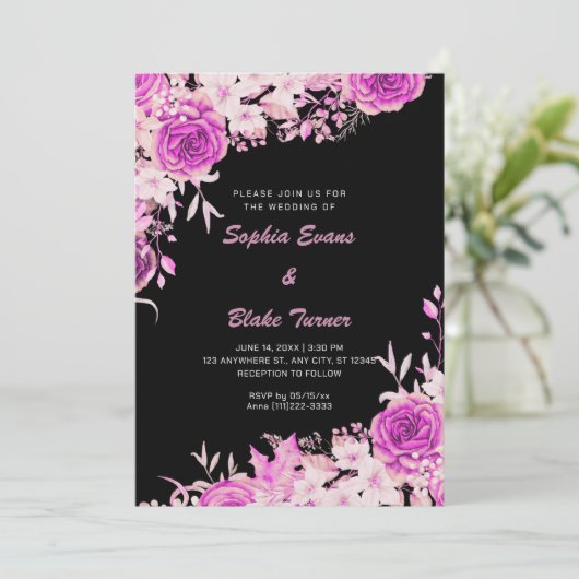 Elegant land roze rozen zwart bruiloft kaart (Staand voorkant)