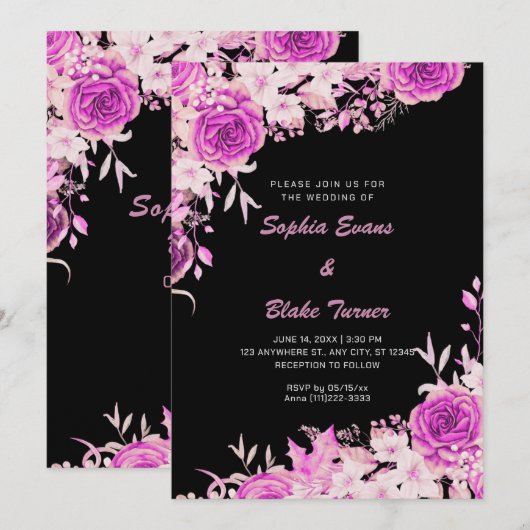 Elegant land roze rozen zwart bruiloft kaart (Voorkant / Achterkant)