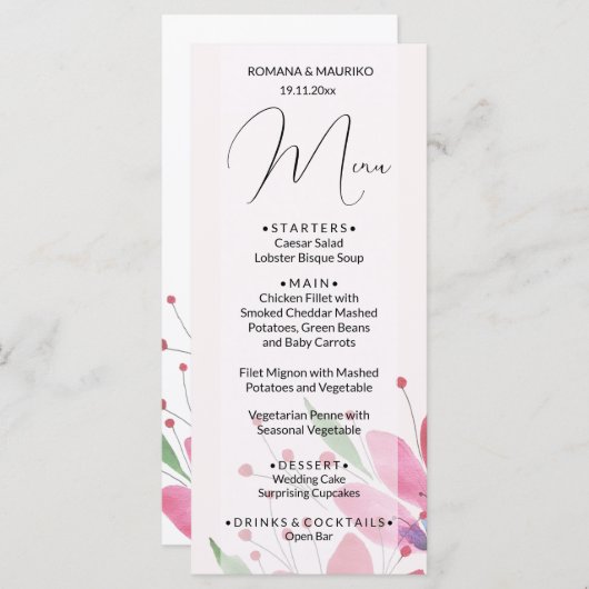 Elegant Land Waterverf Kunst Bloemen Roze Menu (Voorkant / Achterkant)