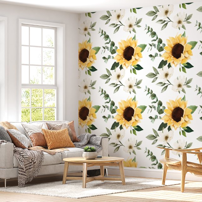 Elegant Land Waterverf Zonnebloemen Botanisch Behang (Elegant Country Watercolor Sunflowers Botanical Wallpaper)