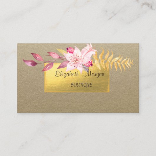 Elegant Landelijk, Kraft, Goud, Bloem Visitekaartje (Voorkant)