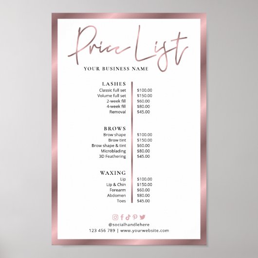 Elegant Lashes Salon Roze Gouden Prijslijst Poster (Voorkant)