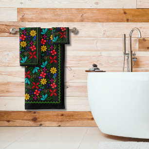 Elegant Latijns-Amerikaanse Folk Floral Zwart Bad Handdoek