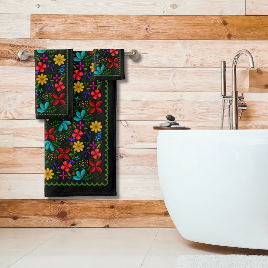 Elegant Latijns-Amerikaanse Folk Floral | Zwart Bad Handdoek