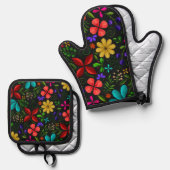 Elegant Latin American Folk Floral Ovenwant & Pannenlap Set (Voorkant / Achterkant)
