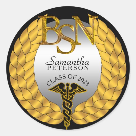 Elegant Laurel Wreath BSN Nursing Degree Caduceus Ronde Sticker (Voorkant)