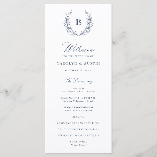 Elegant Laurel Wreath Crest Monogram Wedding Programmakaart (Voorkant)