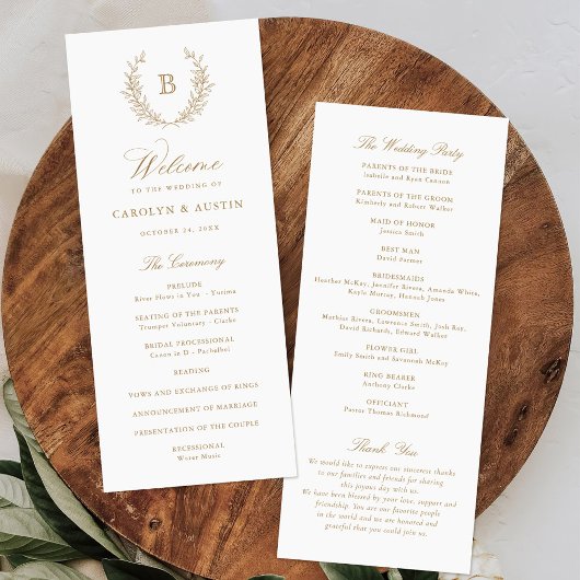 Elegant Laurel Wreath Crest Monogram Wedding Programmakaart