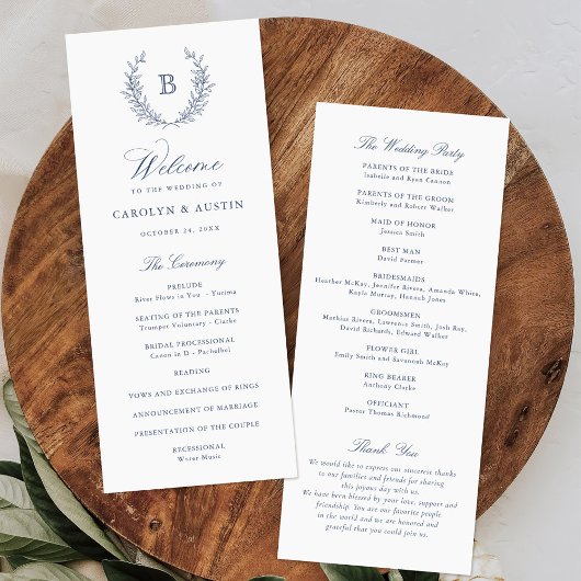 Elegant Laurel Wreath Crest Monogram Wedding Programmakaart