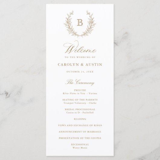 Elegant Laurel Wreath Crest Monogram Wedding Programmakaart (Voorkant)
