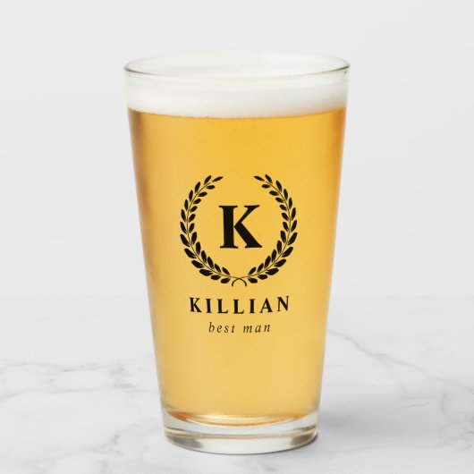 Elegant Laurel Wreath Monogram Beste Man Glas (Voorkant gevuld)