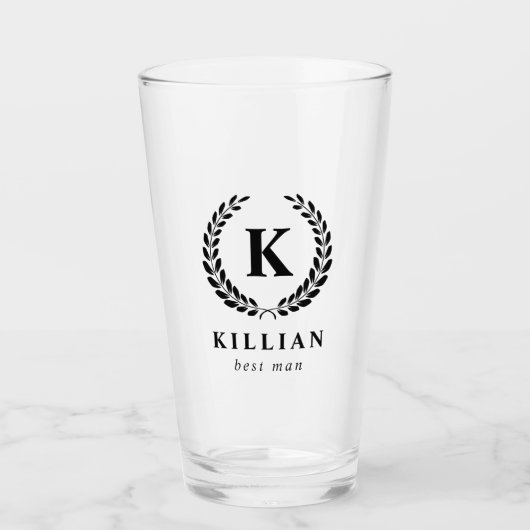 Elegant Laurel Wreath Monogram Beste Man Glas (Voorkant)