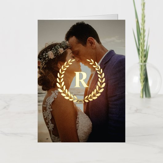 Elegant Laurel Wreath Monogram Foto Bruiloft Folie Wenskaart (Voorkant)