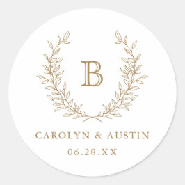 Elegant Laurel Wreath Wedding Monogram Envelope Ronde Sticker