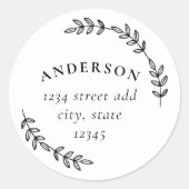 Elegant Laurel Wreatname Familienaam Return Addres Ronde Sticker (Voorkant)