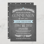 Elegant Laurels Blauw | communie-uitnodiging Kaart (Voorkant / Achterkant)