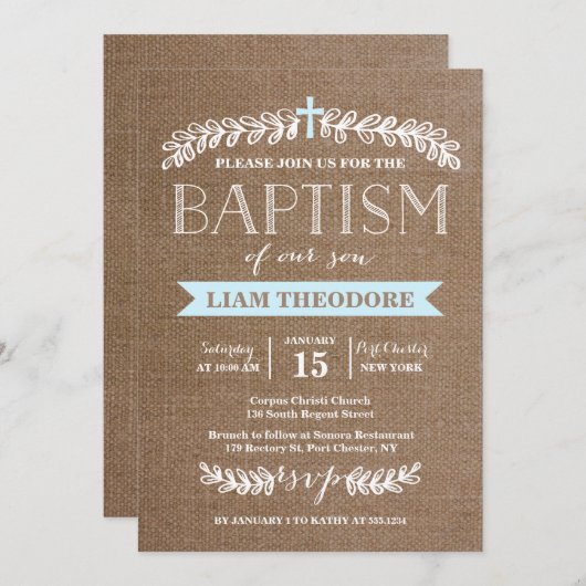 Elegant Laurels Blauw | uitnodiging tot doop (Voorkant / Achterkant)