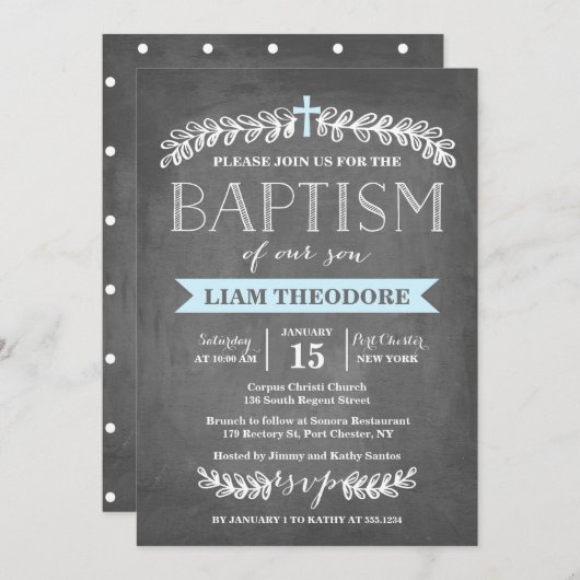 Elegant Laurels Blauw | uitnodiging tot doop (Voorkant / Achterkant)