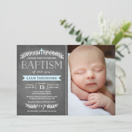 Elegant Laurels Blue | Baptisme-uitnodiging Kaart (Staand voorkant)