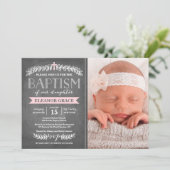 Elegant Laurels Pink | uitnodiging tot doop (Staand voorkant)