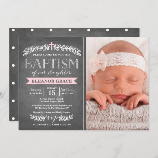 Elegant Laurels Pink | uitnodiging tot doop (Voorkant / Achterkant)