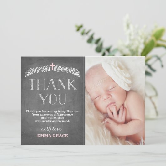 Elegant Laurels roze | Baptism Foto bedankt (Staand voorkant)