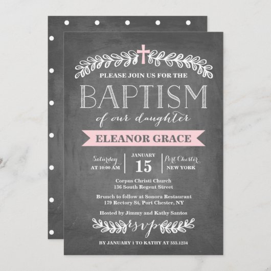 Elegant Laurels roze | Baptisme-uitnodiging Kaart (Voorkant / Achterkant)