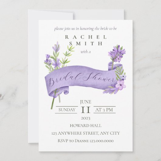 Elegant Lavendar Bridal Shower Invitation Kaart (Voorkant)