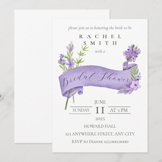 Elegant Lavendar Bridal Shower Invitation Kaart (Voorkant / Achterkant)