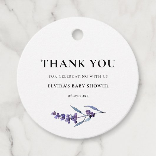 Elegant Lavendel Baby shower Dank u Bedankjes Labels (Voorkant)