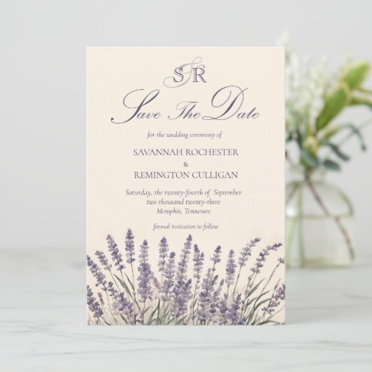 Elegant Lavendel Bloemen Monogram Foto QR Code Save The Date (Staand voorkant)