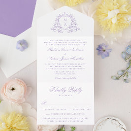 Elegant Lavendel Bloemenkroon Monogram Trouwdag All In One Uitnodiging